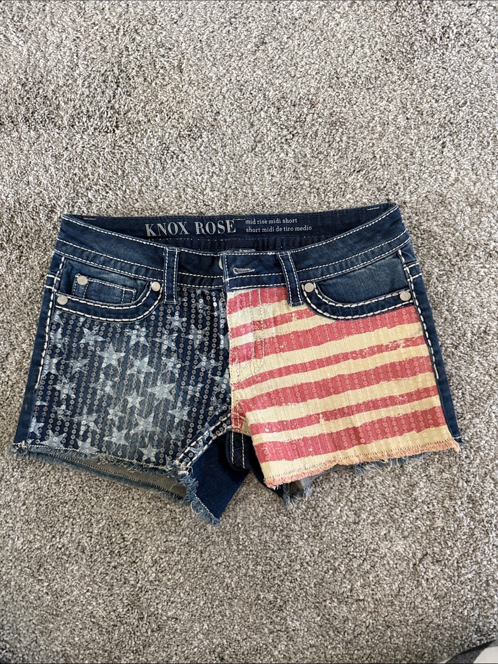 Knox Rose Denim Shorts with Red & Blue Flag Sequin Patchwork Size 6 / 28